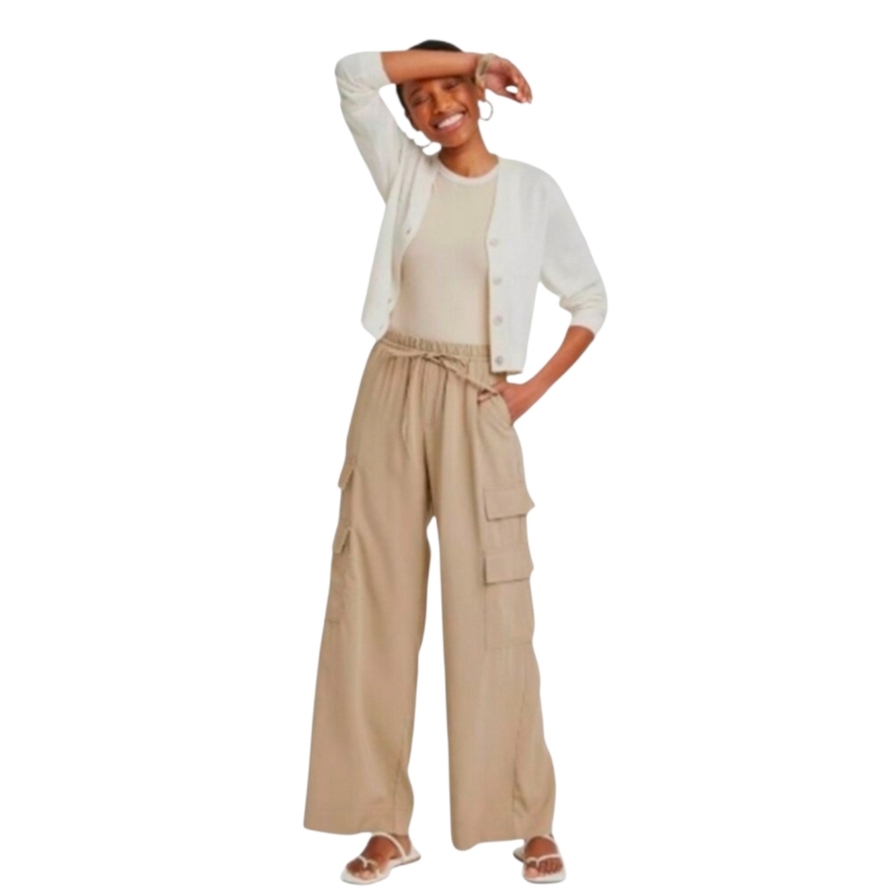 A New Day Wide Leg Cargo Pants Khaki High Rise Stretch Waist Pull On Small - Picture 2 of 6